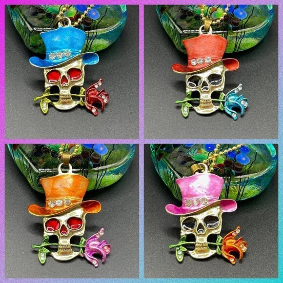 Grinning Skull with Rose and Top Hat Skelton Necklace / Pendant #866 (orange) - Picture 2 of 9